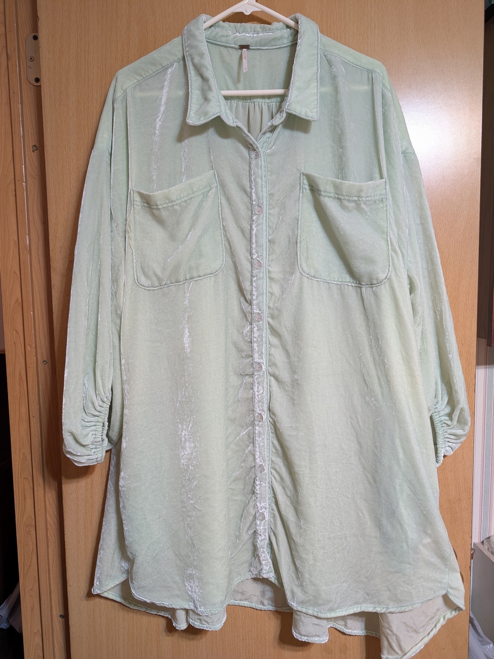 Free People-Velvet Pale Lime Button-Down Tunic Shirt/Dress
